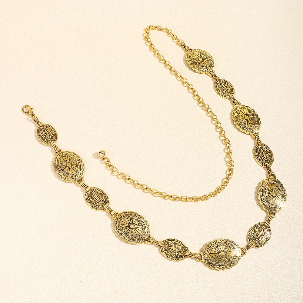 Acessórios de corrente de cintura de metal feminino estilo retrô círculo decorativo esculpido cinto de corrente acessórios de estilo alto