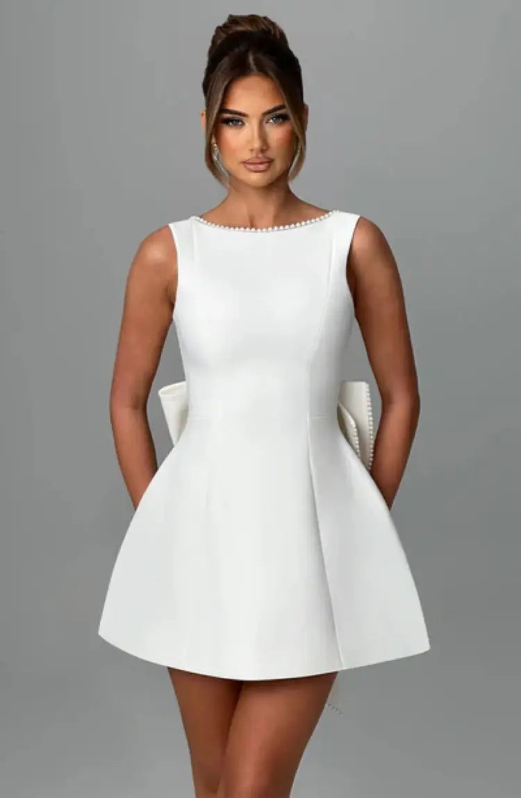 Elegante pérola arco sem costas vestido curto feminino o pescoço mini vestidos de noite preto branco rosa chique verão novo casamento convidado 2025