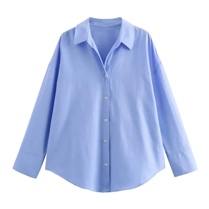 Traf oxford camisa branca mulher assimétrica azul listrado blusas de manga longa para mulher 2024 casual camisas básicas mulher verão topo