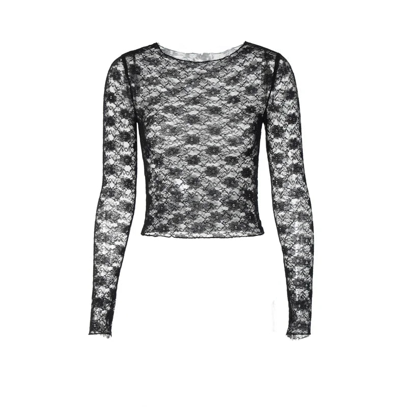 Mooyufon manga comprida transparente renda colheita top sólido sexy bodycon camiseta para mulheres festa clube outono inverno roupas