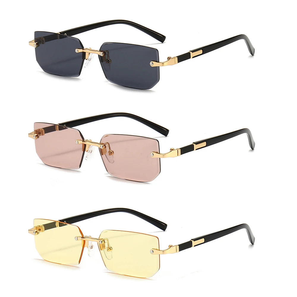 Óculos de sol sem aro para homens e mulheres, tons pequenos, óculos quadrados, viagem de verão, moda popular, feminino, masculino