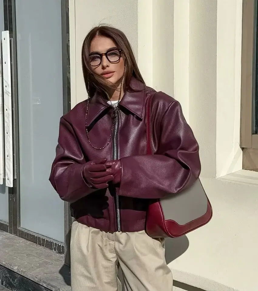 Trafza vinho vermelho couro falso jakcet moda outerwear engrossar zíper lapela casacos do plutônio outono inverno streetwear senhoras topos feminino