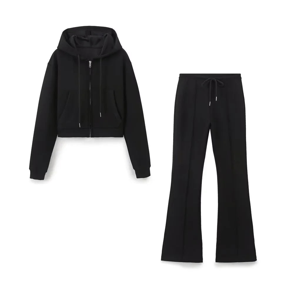 Taop & za outono nova moda feminina casual zíper decoração com capuz manga comprida moletom jaqueta trompete calças conjunto
