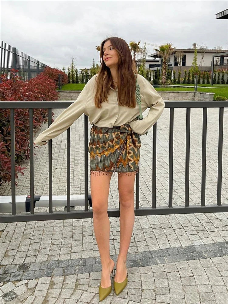 Keyanketian novo vintage impressão geométrica mini saia atada sarong frisado franja envoltório vestidos casuais zip curto skort mujer