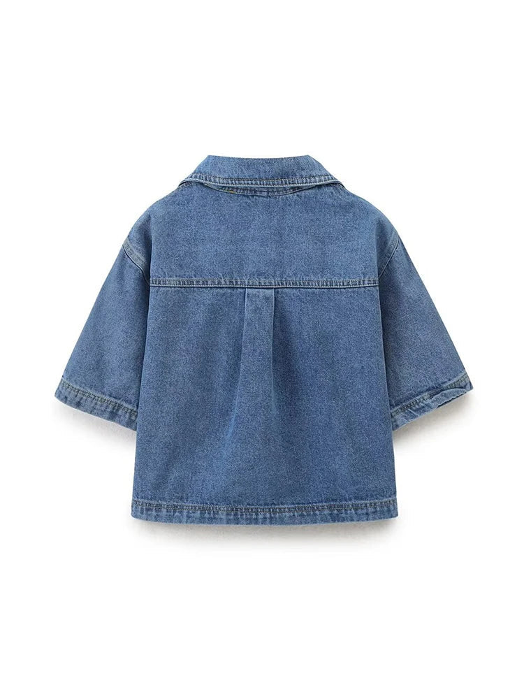 TRAF Fato de ganga solto com decoração de bolsos para mulher Camisa curta com lapela Casual Saia curta assimétrica Trabalho temporário Conjunto versátil de duas peças Street Casual Fashion Fato de senhora