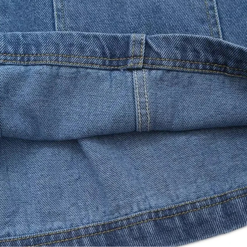 TRAF Fato de ganga solto com decoração de bolsos para mulher Camisa curta com lapela Casual Saia curta assimétrica Trabalho temporário Conjunto versátil de duas peças Street Casual Fashion Fato de senhora