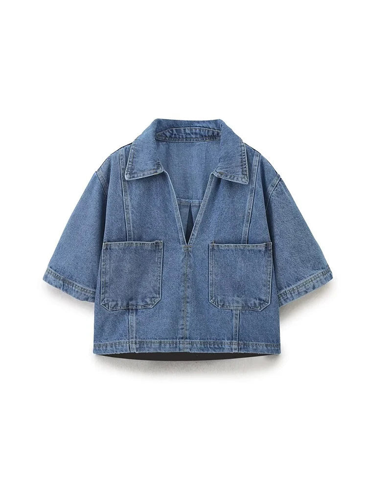 TRAF Fato de ganga solto com decoração de bolsos para mulher Camisa curta com lapela Casual Saia curta assimétrica Trabalho temporário Conjunto versátil de duas peças Street Casual Fashion Fato de senhora