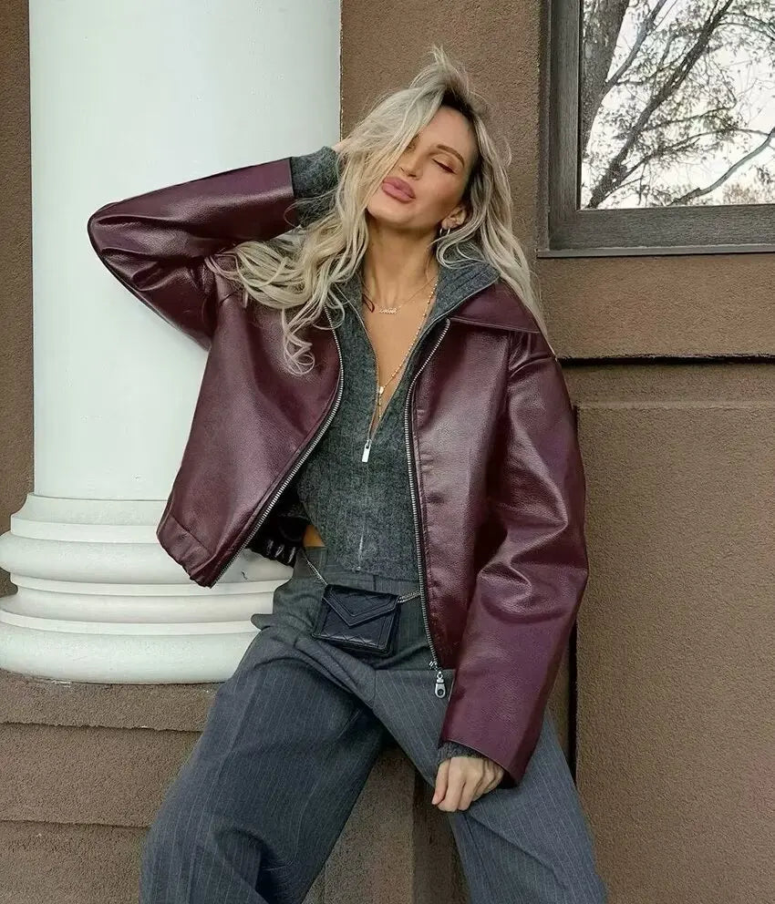 Trafza vinho vermelho couro falso jakcet moda outerwear engrossar zíper lapela casacos do plutônio outono inverno streetwear senhoras topos feminino
