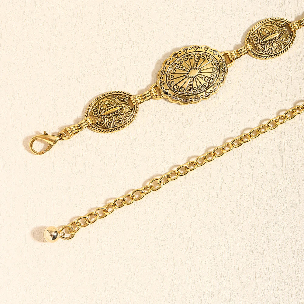 Acessórios de corrente de cintura de metal feminino estilo retrô círculo decorativo esculpido cinto de corrente acessórios de estilo alto