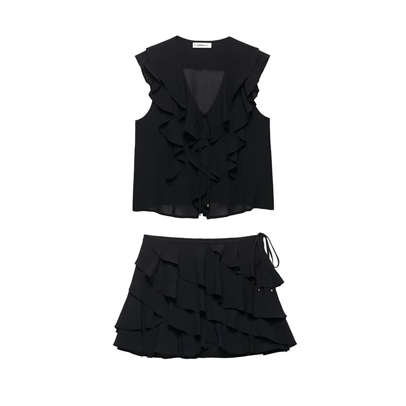 Willshela moda feminina 2 peça conjunto preto babados rendas até colete com decote em v & saias com zíper lateral do vintage shorts feminino chique conjunto