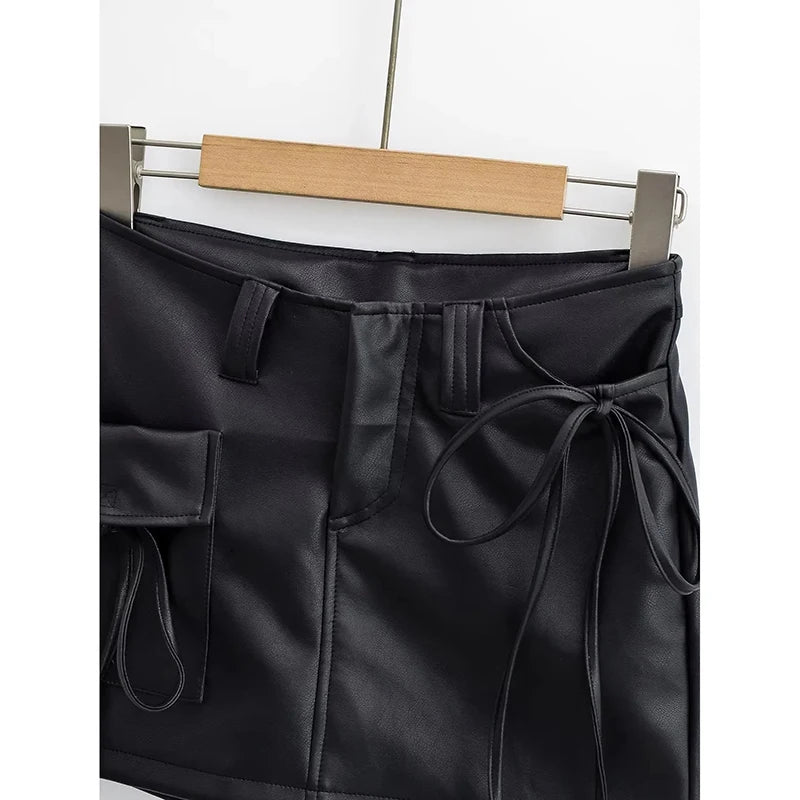 Qnqo saias para mulheres y2k moda rendas até couro do plutônio saia preta 2025 novo estilo coreano fino bolso hip envoltório mini saia feminina