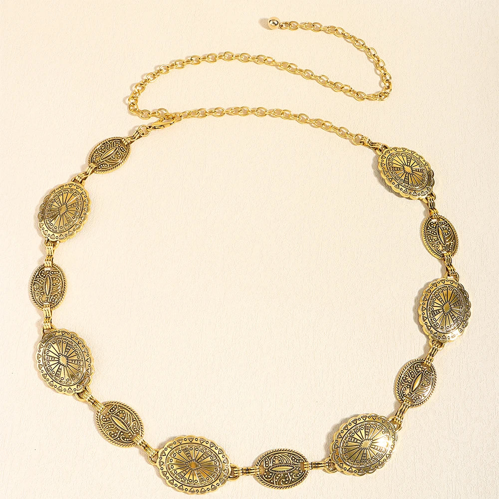 Acessórios de corrente de cintura de metal feminino estilo retrô círculo decorativo esculpido cinto de corrente acessórios de estilo alto