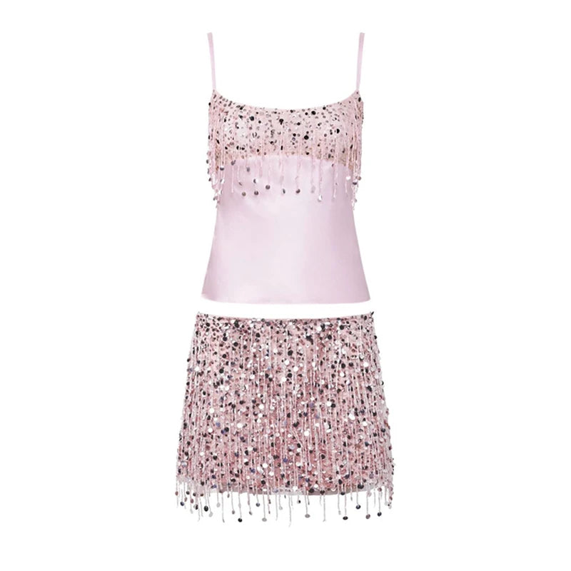 Sexy praia borla saias outfits feminino lantejoulas sem costas sem mangas brilhante ibiza define feminino 2025 primavera verão chique festival terno