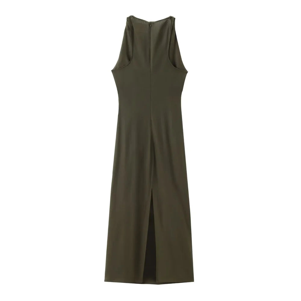 2024 ZAR4 verão novo estilo feminino versátil fino ajuste linho misturado mangas torcidas vestido midi