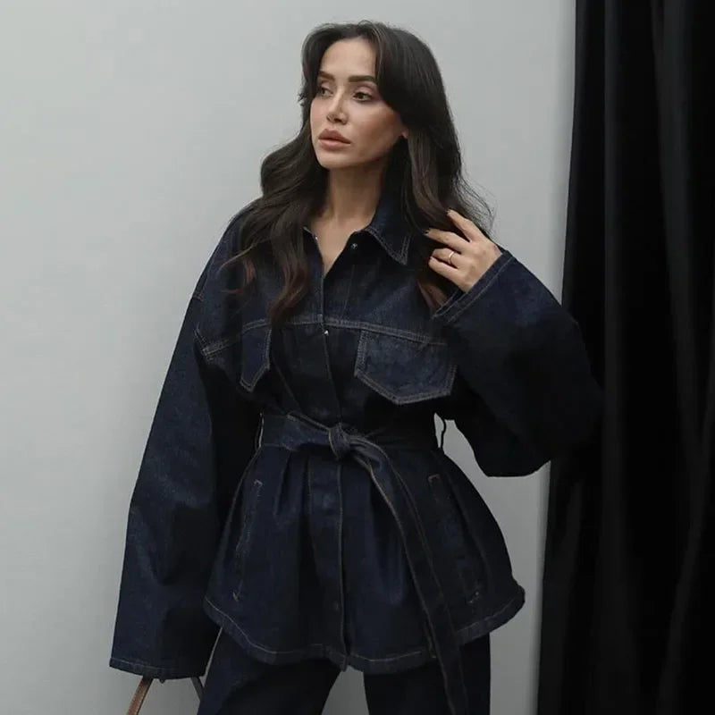 Vintage emendado denim jaqueta calças definir cinto feminino único breasted jaquetas bolsos jeans retos 2025 primavera senhora rua outfit