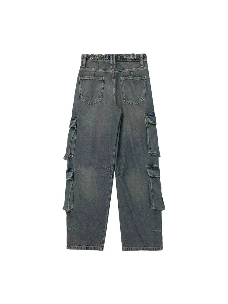 2023 primavera outono mulher bolso workwear denim carga calças compridas moda meados de cintura vintage casual rua calças soltas