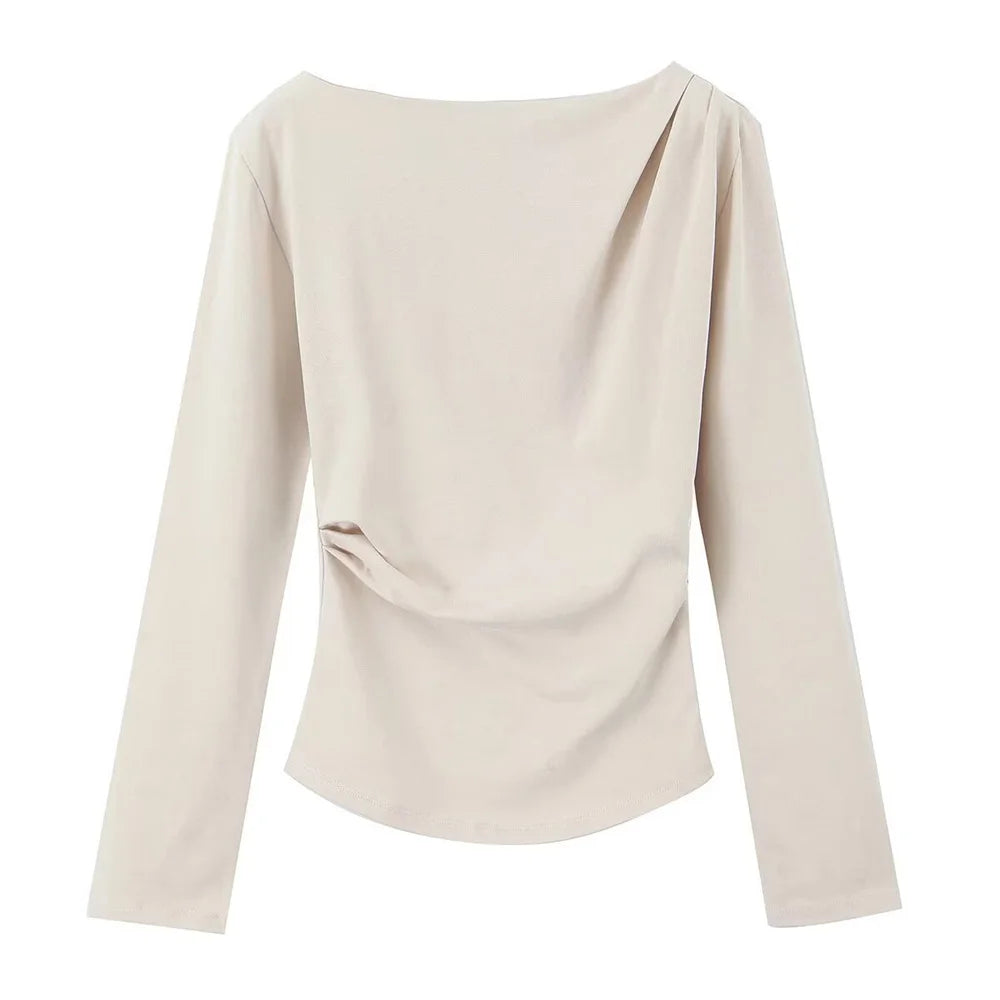 BM&MD&ZA Camiseta feminina bege de manga comprida com ombro de fora, design assimétrico franzido para uso elegante e confortável
