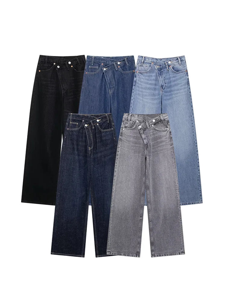 TRAF Calças de ganga básicas para mulher New Fashion Asymmetric Design High Waist Wide Leg Trousers Calças de ganga casuais de perna direita para mulher