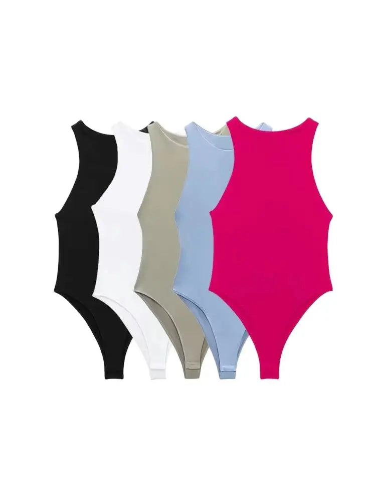 Trza moda feminina com halter pescoço magro bodysuit sexy sem mangas snap-botão feminino playsuits mujer