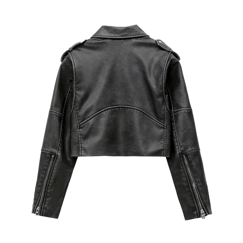 RARF 2024 feminino novo curto fazer efeito antigo imitação de couro jaqueta de motocicleta casaco de couro cinza lavado feminino