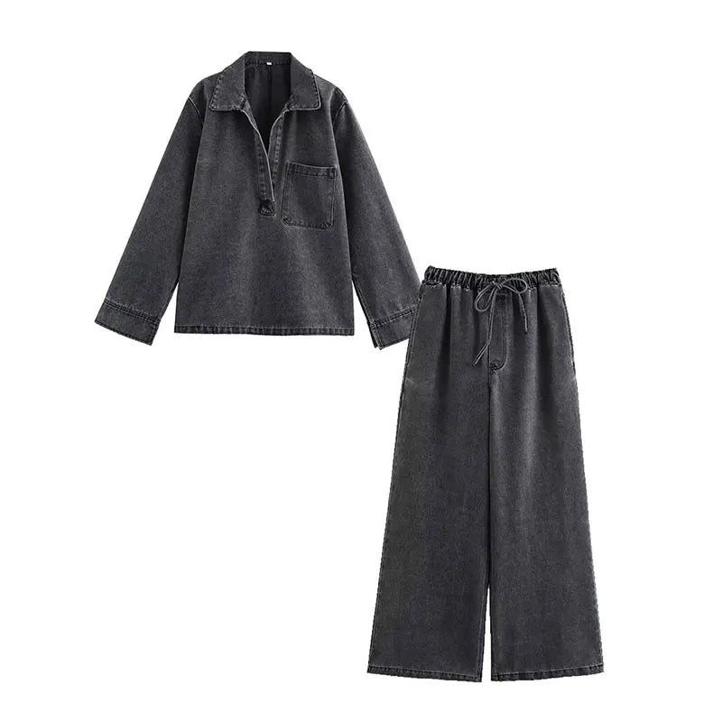 2024 outono conjuntos de jeans feminino turn-down colarinho casual topo moda cintura alta streetwear feminino denim calça duas peças conjunto