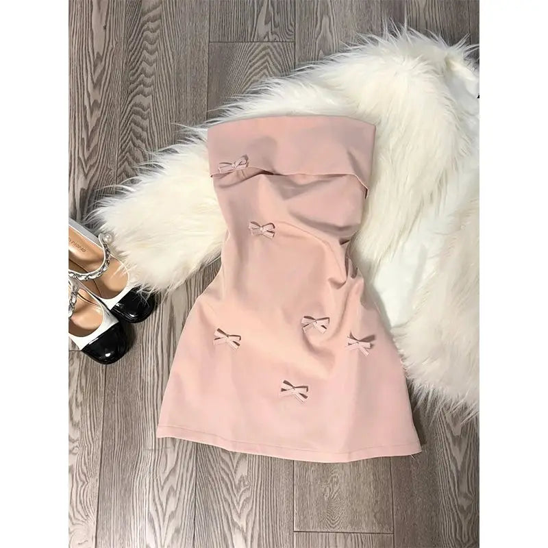 Primavera rosa sem alças mini vestido feminino arco design elegante fino ajuste elegante vestido confortável festa casual feminino 2025 novo