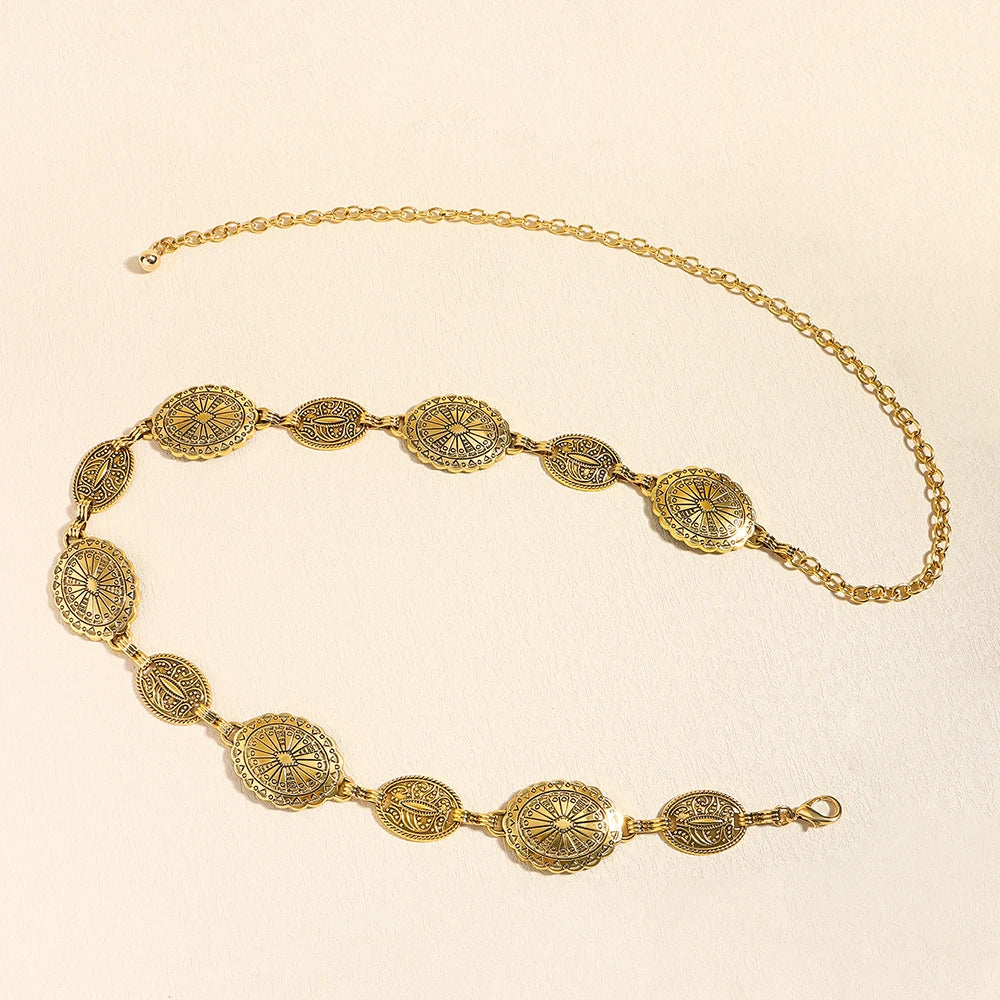 Acessórios de corrente de cintura de metal feminino estilo retrô círculo decorativo esculpido cinto de corrente acessórios de estilo alto