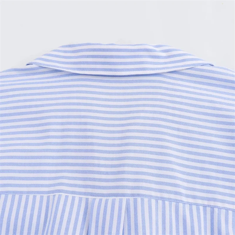 Traf oxford camisa branca mulher assimétrica azul listrado blusas de manga longa para mulher 2024 casual camisas básicas mulher verão topo