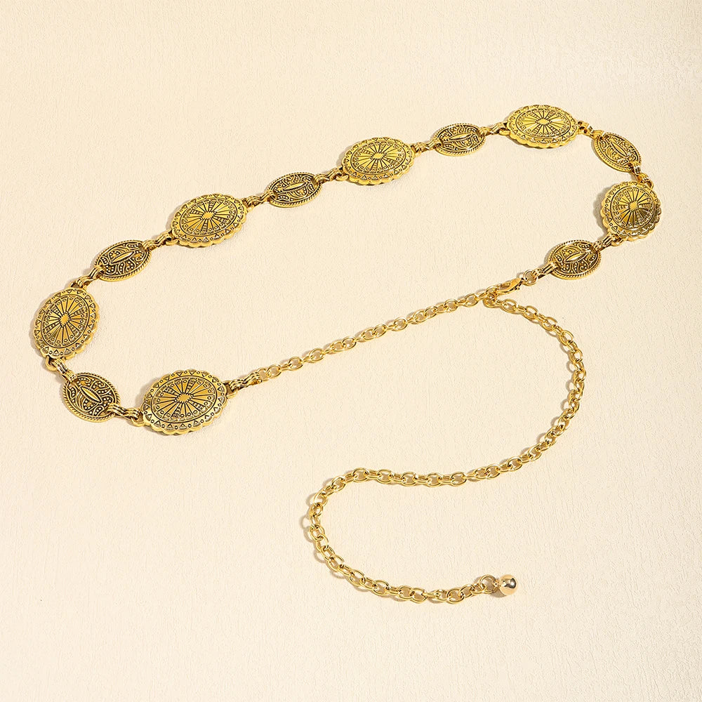 Acessórios de corrente de cintura de metal feminino estilo retrô círculo decorativo esculpido cinto de corrente acessórios de estilo alto