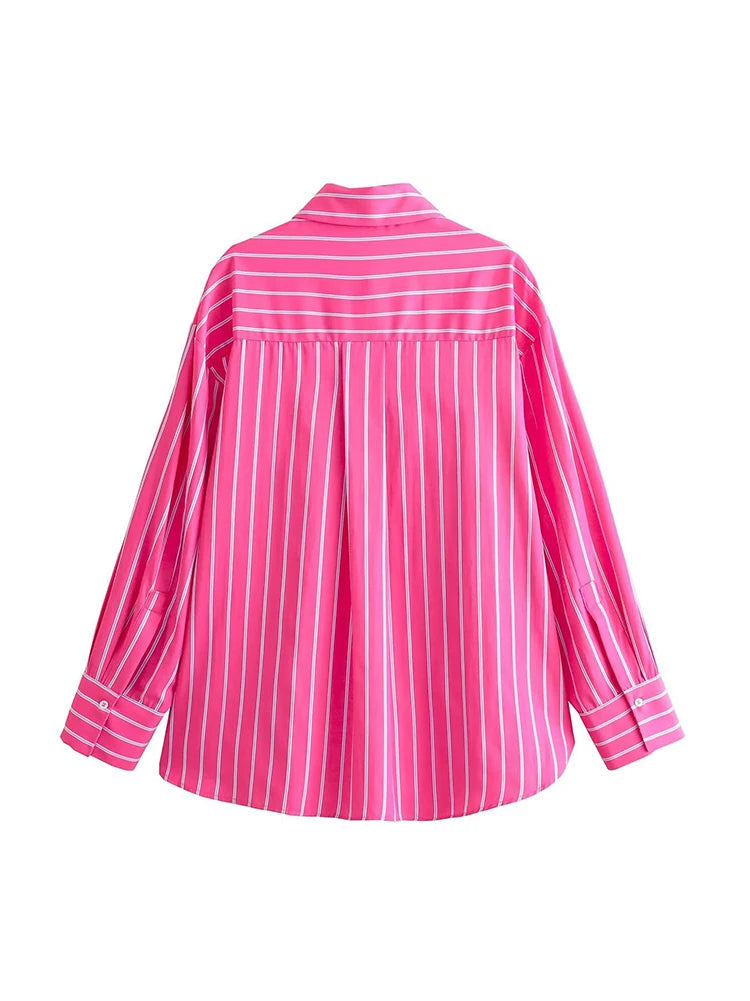 TRAF Camisa de verão Feminina com Lapela Reta e Peito Único Camisa Solta Moda Popular Decoração de Riscas Bolso Camisa Solta Fina