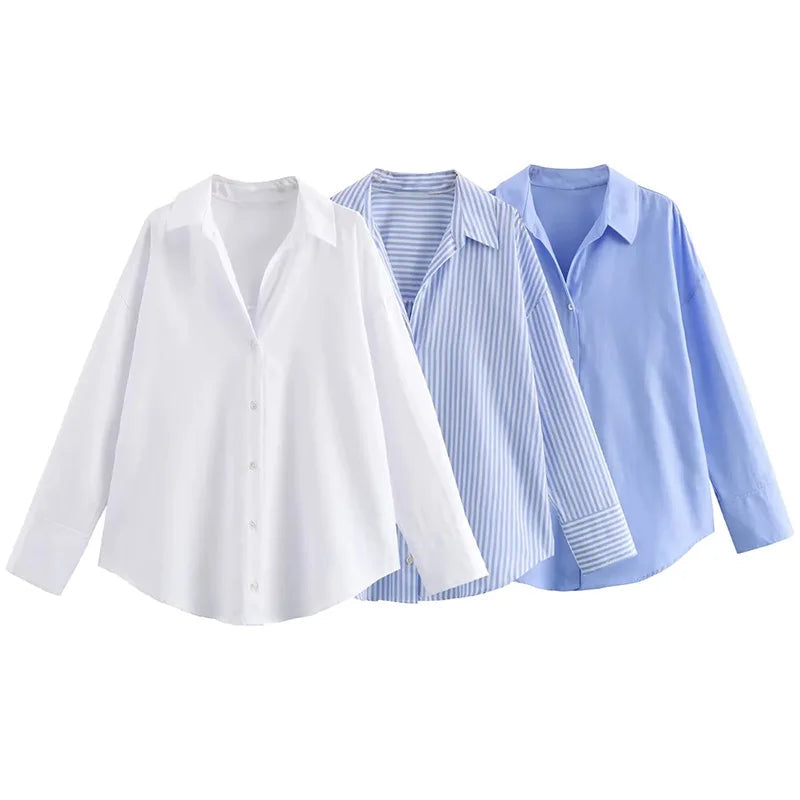 Traf oxford camisa branca mulher assimétrica azul listrado blusas de manga longa para mulher 2024 casual camisas básicas mulher verão topo