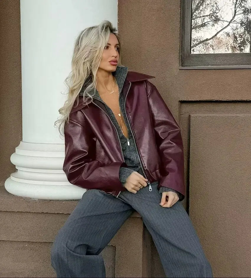 Trafza vinho vermelho couro falso jakcet moda outerwear engrossar zíper lapela casacos do plutônio outono inverno streetwear senhoras topos feminino