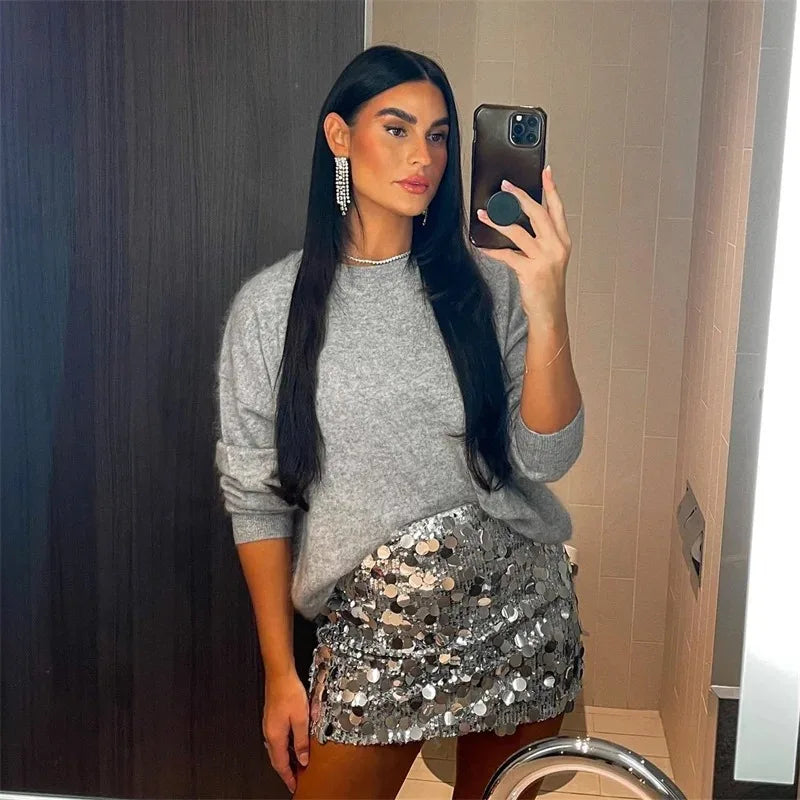 Saia de lantejoulas prata mulher cintura alta mini saia mulher moda brilhante glitter elegante saias curtas para mulheres saias y2k