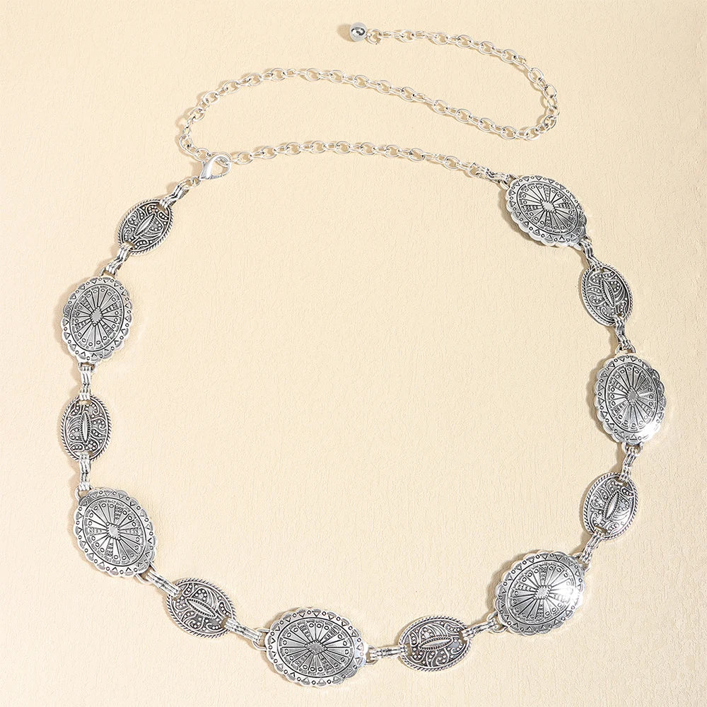 Acessórios de corrente de cintura de metal feminino estilo retrô círculo decorativo esculpido cinto de corrente acessórios de estilo alto