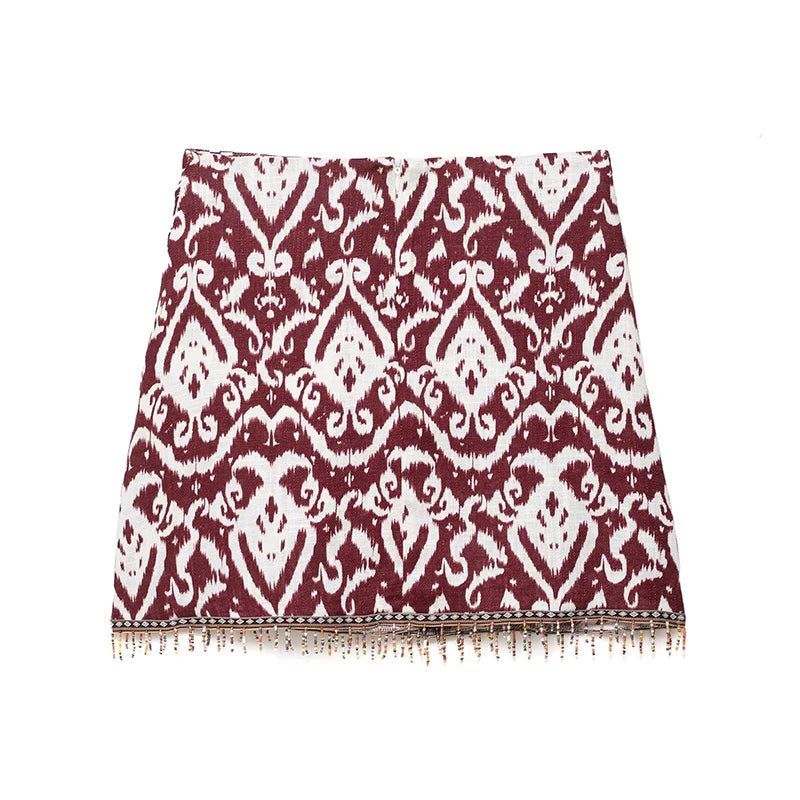 Willshela moda feminina com miçangas borla impressa zíper traseiro a linha mini saia vintage cintura alta feminino chique senhora saias